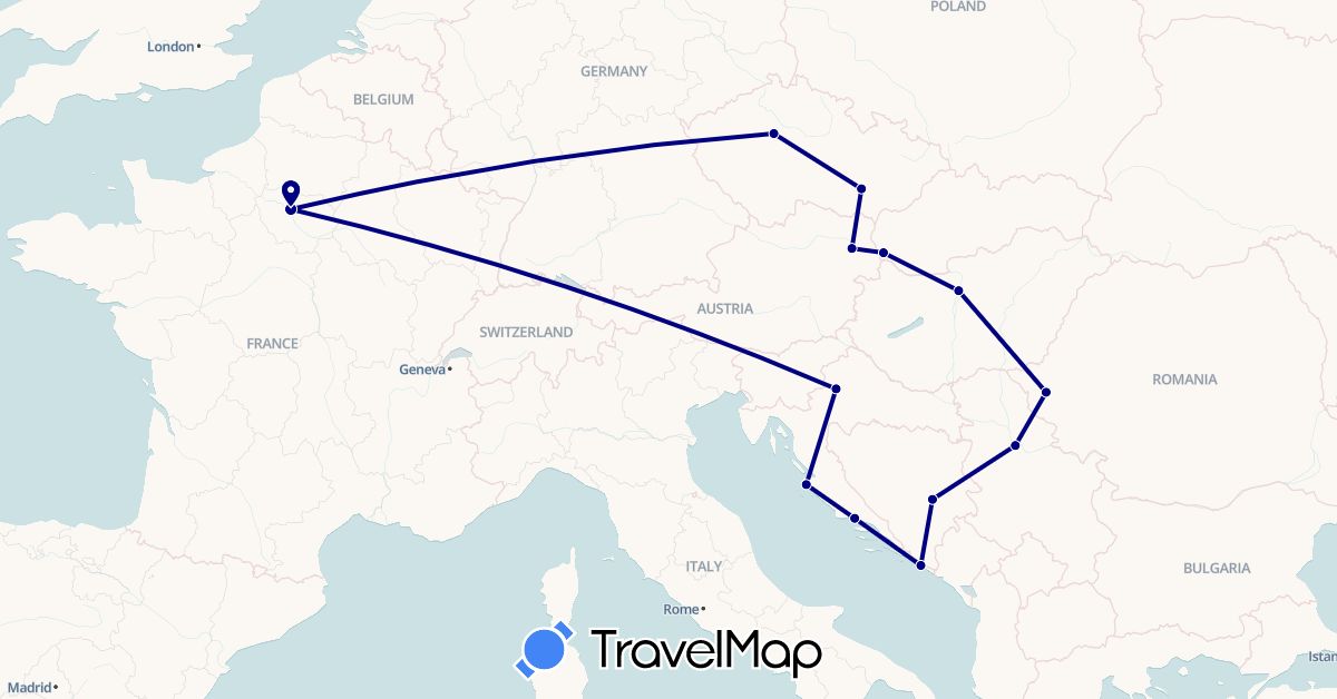TravelMap itinerary: driving in Austria, Bosnia and Herzegovina, Czech Republic, France, Croatia, Hungary, Romania, Serbia, Slovakia (Europe)